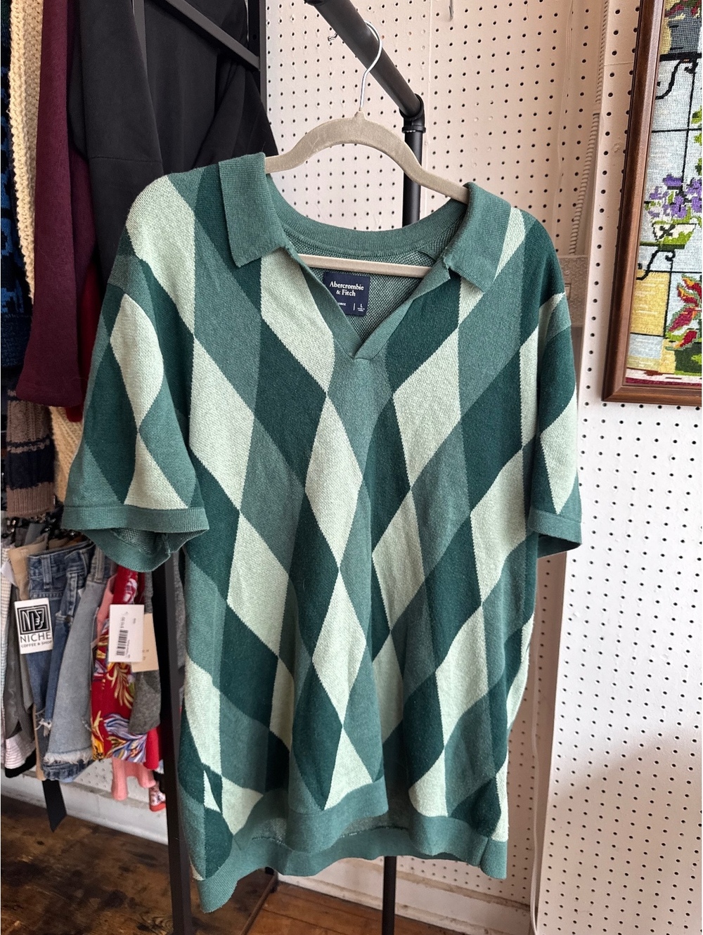 Abercrombie & Fitch Men's Argyle Short Sleeve Sweater Size L